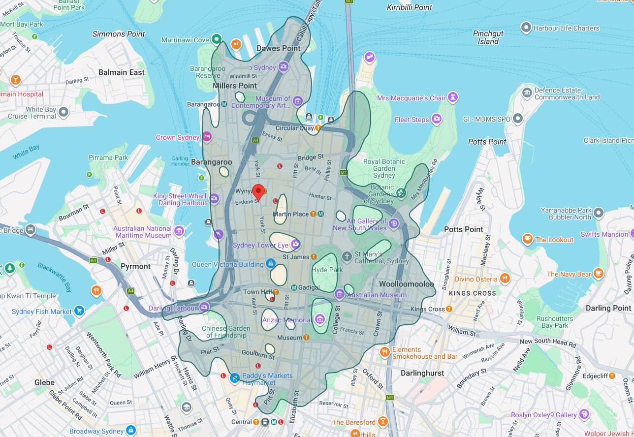 Map of Sydney's CBD with a shaded overlay marking everywhere reachable on foot within 30 minutes of the Occidental Hotel.