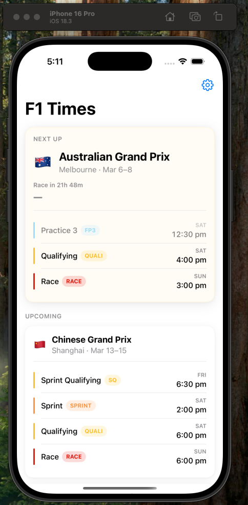 The successful first build of the F1 times app