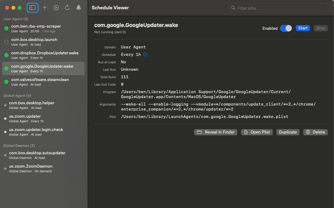 Schedule Viewer app showing launchd jobs on macOS